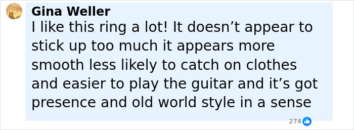 Comment praising a smooth, stylish ring that doesn’t catch on clothes and is easier for playing guitar, related to Travis Kelce’s engagement ring engraving. Comment praising a smooth, stylish ring that doesn’t catch on clothes and is easier for playing guitar, related to Travis Kelce’s engagement ring engraving.