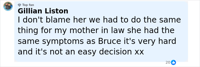 Comment from a top fan discussing Bruce Willis's dementia battle and the difficult decision to live separately.