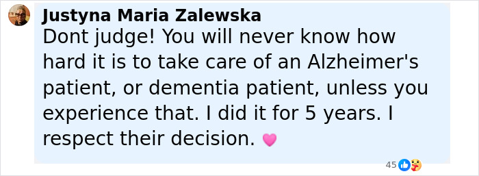 Comment discussing the challenges of caring for dementia patients, relating to Bruce Willis's wife update.