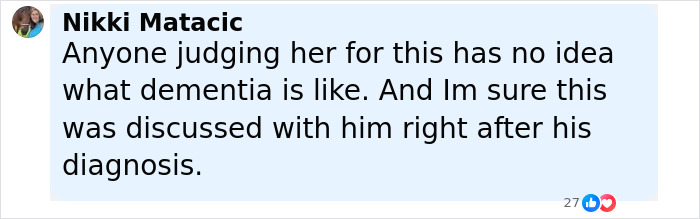 Comment by Nikki Matacic discussing dementia and Bruce Willis's wife sharing an update on their living situation.