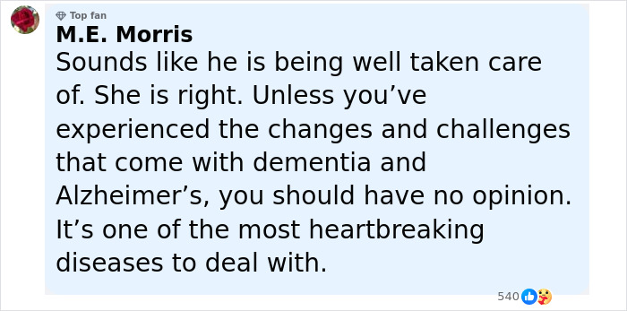 Comment discussing dementia and Alzheimer&rsquo;s challenges during Bruce Willis's wife share on their separate living update.