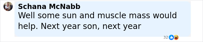 Comment by Schana McNabb suggesting Cruz Beckham needs more sun and muscle mass next year after viral Speedo shot parody. Comment by Schana McNabb suggesting Cruz Beckham needs more sun and muscle mass next year after viral Speedo shot parody.