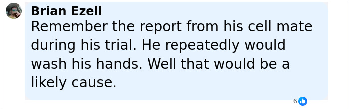 Comment by Brian Ezell about jail footage mentioning Bryan Kohberger with red hands, discussing hand washing during trial. Comment by Brian Ezell about jail footage mentioning Bryan Kohberger with red hands, discussing hand washing during trial.