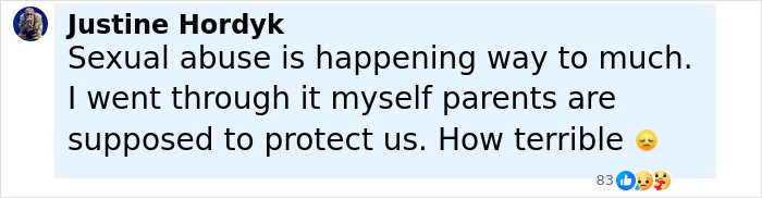 Comment about sexual abuse awareness posted by Justine Hordyk, highlighting concerns about parental protection and trauma.