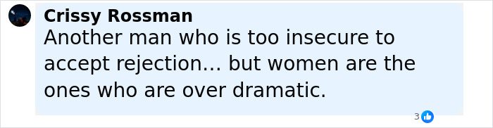 Comment by Crissy Rossman discussing insecurity and gender differences in reactions to rejection on social media post.