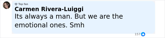 Comment from Carmen Rivera-Luiggi expressing frustration about men and emotions on social media with 157 likes.