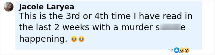 Comment on social media expressing shock about multiple murder scenes, with sad and shocked reaction emojis.