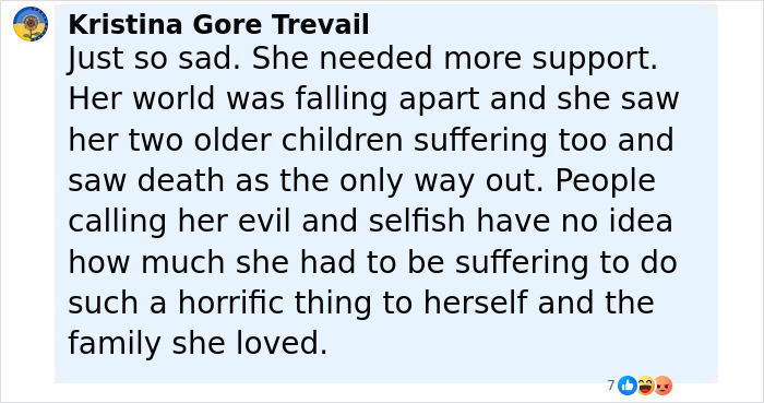 Comment expressing sadness over a depressed mom who ended the life of her perfect family, highlighting need for support.