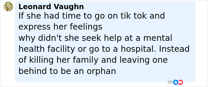 Comment from Leonard Vaughn questioning why depressed mom posted on TikTok but didn't seek mental health help before ending her family's lives.