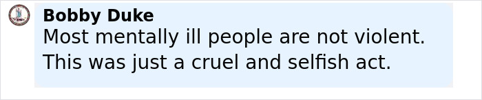 Comment reading Bobby Duke most mentally ill people are not violent this was just a cruel and selfish act, related to depressed mom and perfect family case.