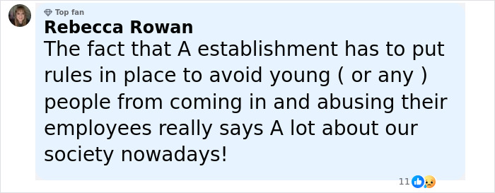 Comment by user Rebecca Rowan expressing concern about rules to prevent youth abuse at establishments following outrage over 13-year-old arrest video.