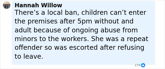 Comment explaining local ban on children at McDonald's after 5pm due to repeated abuse, related to 13-year-old arrest video.