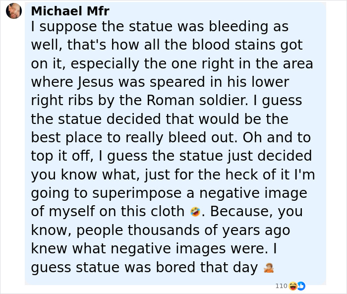Alt text: Comment discussing evidence that the Shroud of Turin was draped on a statue, not the body of Jesus. Alt text: Comment discussing evidence that the Shroud of Turin was draped on a statue, not the body of Jesus.