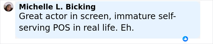 Comment by Michelle L. Bicking criticizing Leonardo DiCaprio's behavior as immature despite his acting career.