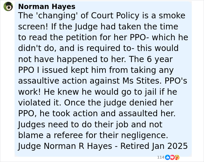 Comment by Judge Norman Hayes discussing court policy and protective orders related to a woman held captive by a stalker.