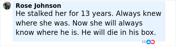Facebook comment from Rose Johnson discussing a woman held captive by a stalker for 13 years in a soundproof bunker.
