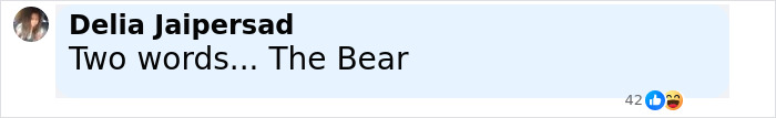 Facebook comment by Delia Jaipersad saying Two words... The Bear with 42 reactions including likes and laughing emojis. - 21