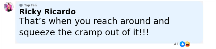 Comment from Ricky Ricardo explaining pain relief by squeezing a cramp, with top fan badge and 41 reactions. - 19