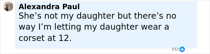 Comment expressing concern about a 12-year-old daughter wearing a corset, highlighting disturbing parenting choices.