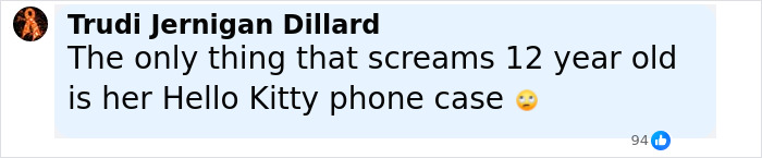 Facebook comment criticizing a 12-year-old's Hello Kitty phone case amid disturbing corset controversy.