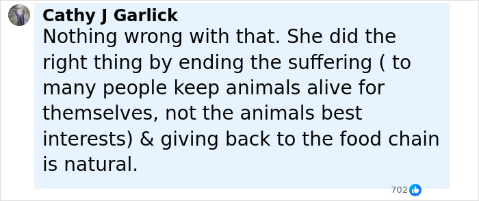 Comment explaining why woman donated her daughter&rsquo;s pony to zoo, mentioning animal suffering and natural food chain.
