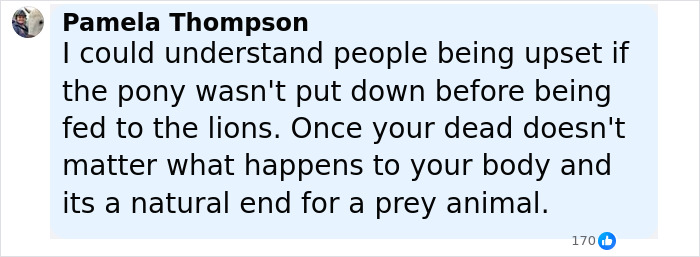 Comment explaining donating daughter&rsquo;s pony to zoo lions, addressing upset reactions and natural prey animal end.