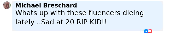 Comment by Michael Breschard expressing sadness over influencers dying young, mentioning RIP at age 20 related to Chase Filandro.