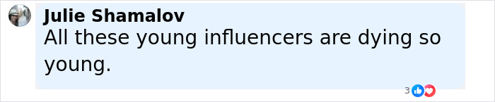 Comment by Julie Shamalov expressing grief over young influencers dying at a young age, referencing Chase Filandro's death.