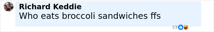 Comment by Richard Keddie questioning who eats broccoli sandwiches, referencing toxic broccoli sandwich investigation.