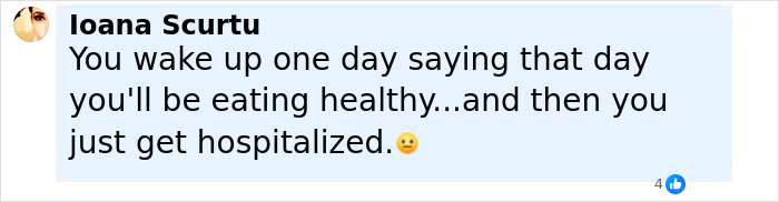 Comment box from Ioana Scurtu expressing concern about eating healthy and hospitalization amid toxic broccoli sandwich case investigation.