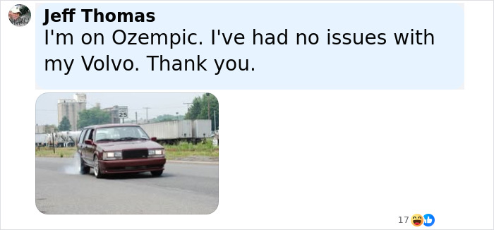 Person named Jeff Thomas joking about Ozempic and Volvo with an image of a car drifting on a street.