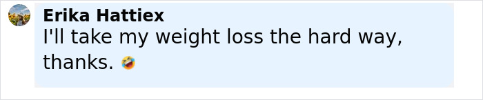 Social media post by Erika Hattie discussing weight loss with a laughing emoji related to Ozempic vulva side effects.