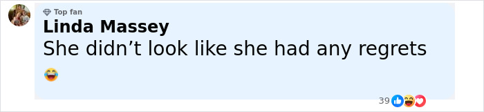 Comment by Linda Massey, labeled Top Fan, reacting with a laughing emoji about a woman destroying her ex's car with salt and glitter.