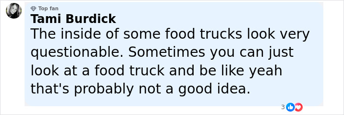 User comment expressing concern about the questionable condition of food trucks amid toxic broccoli sandwich investigation.