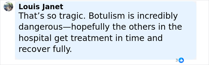 Comment on social media expressing concern about botulism linked to toxic broccoli sandwich investigation.