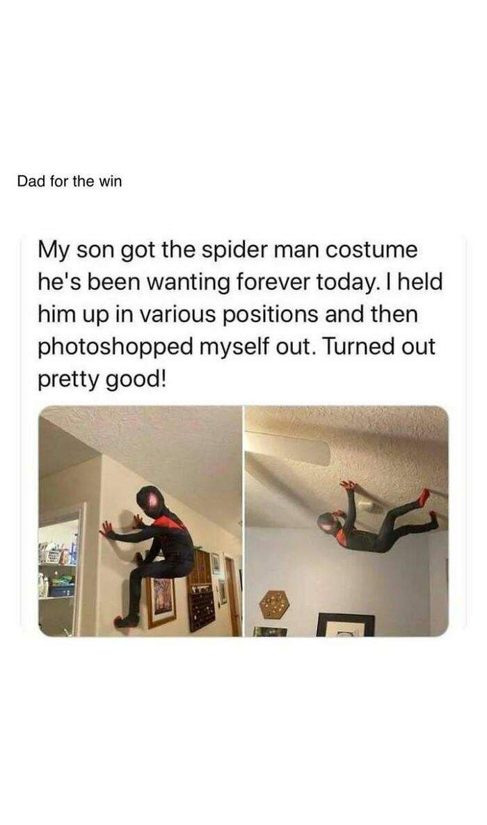 Boy in Spider-Man costume posed on walls and ceiling with dad photoshopped out, a heartwarming post for bad news relief.