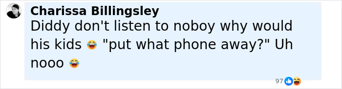 Comment from Charissa Billingsley joking about Diddy's kids not listening and refusing to put their phones away, with laughing emojis.
