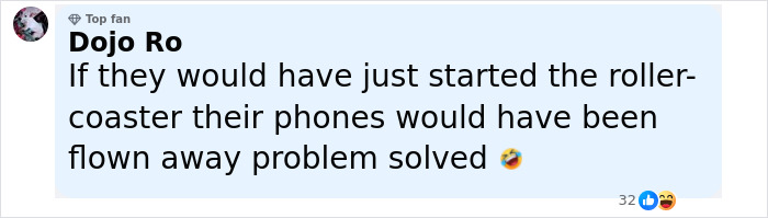 Facebook comment from user Dojo Ro suggesting phones should be flown away to solve rollercoaster behavior issues.