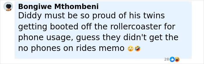 Comment about Sean 'Diddy' Combs' twin daughters being kicked off a rollercoaster for rude behavior and phone usage.