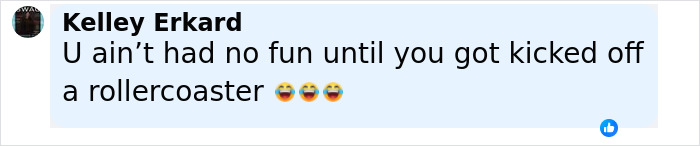 Comment about getting kicked off a rollercoaster, featuring laughing emojis, in a social media post by Kelley Erkard.