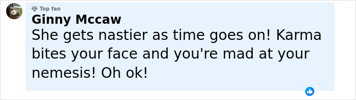 Comment by Ginny Mccaw expressing anger and mentioning karma in a social media post about a face injury.