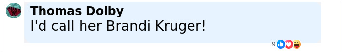 Comment on social media post reading I'd call her Brandi Kruger with reaction emojis including like, love, and laughing.