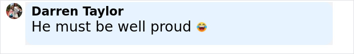 Text message screenshot showing Darren Taylor commenting He must be well proud with a laughing emoji.
