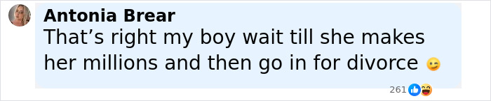 Comment by Antonia Brear discussing Bonnie Blue&rsquo;s career and potential divorce related to her success in a social media post.