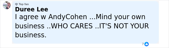 Comment from Top Fan Duree Lee supporting Andy Cohen in a text post about a controversial anti-LGBTQ activist debate.