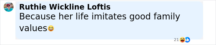 Comment from Ruthie Wickline Loftis humorously responding to a controversial anti-LGBTQ activist in a social media post.