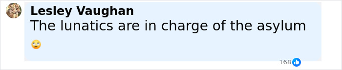 Facebook comment by Lesley Vaughan reading the lunatics are in charge of the asylum with a rolling eyes emoji. - 19