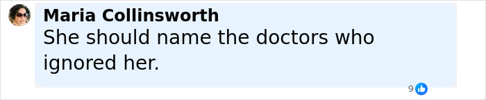 Comment by Maria Collinsworth criticizing doctors who ignored Sasha Pieterse's 70-pound weight gain concerns on social media.