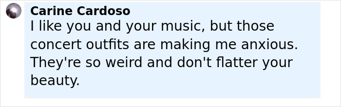 Carine Cardoso commenting on concert outfits, expressing concern about how they flatter the artist's natural curves onstage.