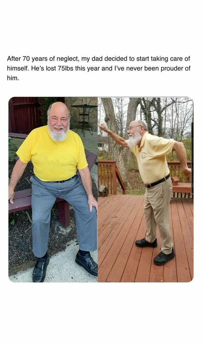 Elderly man smiling and exercising outdoors showing heartwarming transformation after taking care of his health.